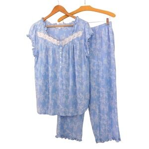 Eileen West Blue White Floral Cotton Lace Trim Capri Pajama Set Size Large Modal